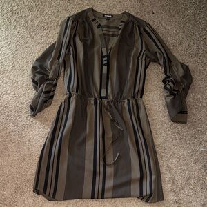 Express Olive and Black Striped Tie-Waist Long Sleeve Dress